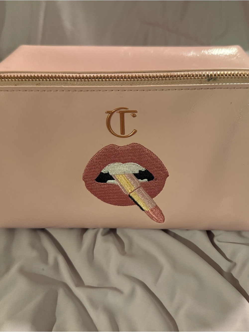 Charlotte Tilbury Pink Lip Embroidery Cosmetic Bag with Gold Logo